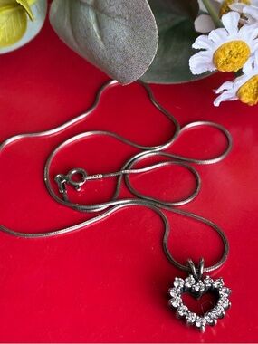 925 Sterling Silver Heart Pendant Necklace with Clear Stones - Silver